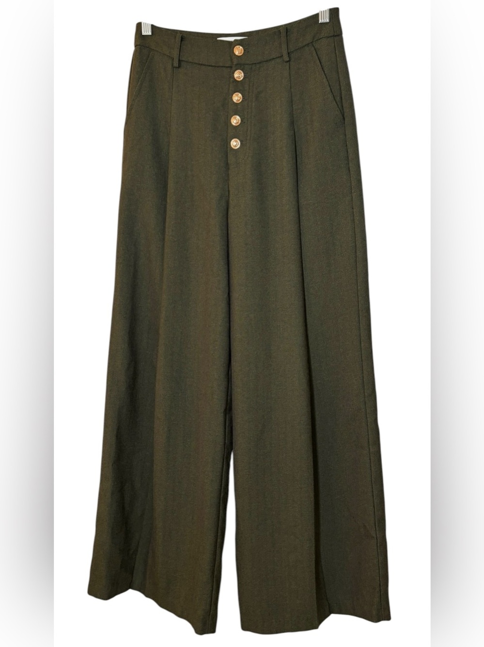 Commense High-Waisted Button-Front Wide-Leg Pants Dark Olive Green Size S Preppy - Picture 4 of 10
